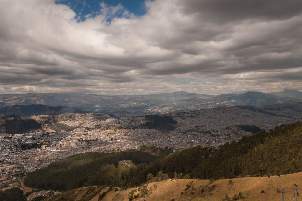 Scenic aerial view of Bogota with clouds and landscape from Monserrate Hill.
