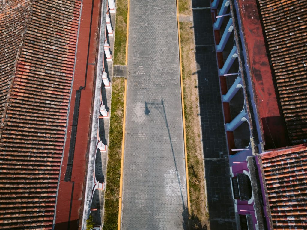 Aerial shot of Tlacotalpan's colonial architecture and street in Veracruz, México.