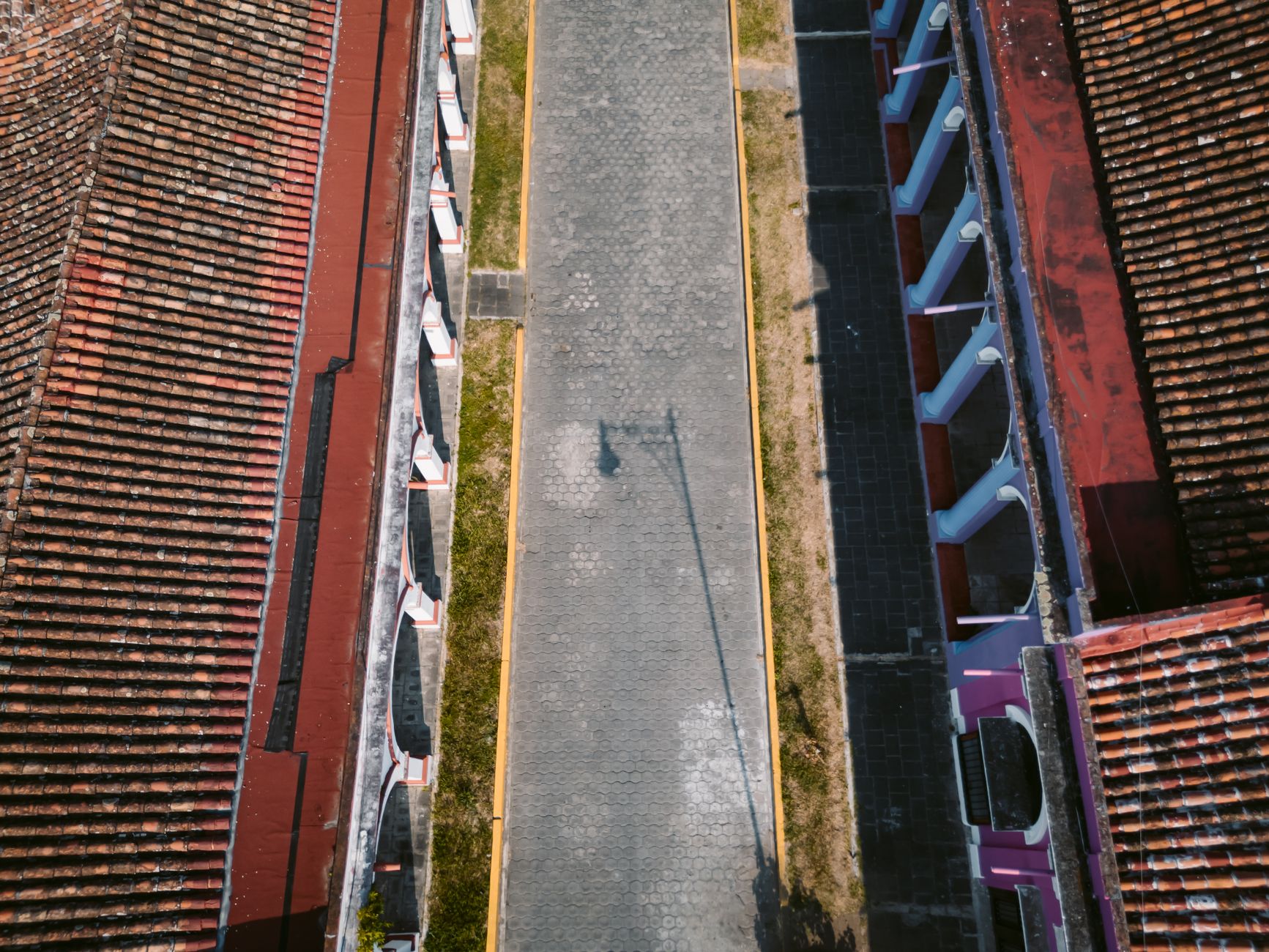 Aerial shot of Tlacotalpan's colonial architecture and street in Veracruz, México.
