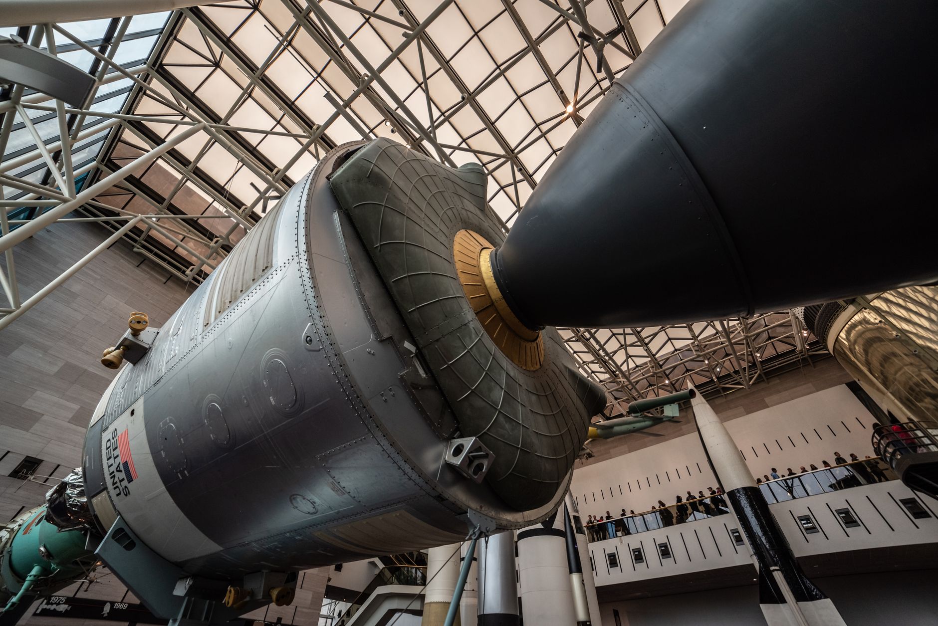 Close-up view of a spacecraft on display at the National Air and Space Museum, Washington, D.C.
