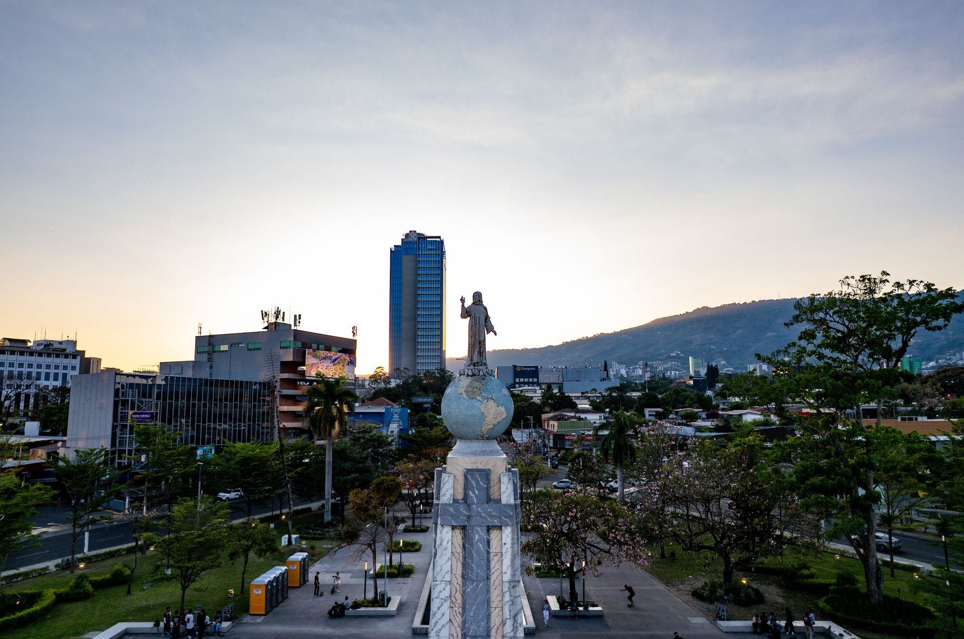 Aerial view of El Salvador del Mundo Monument at sunset in San Salvador, El Salvador.