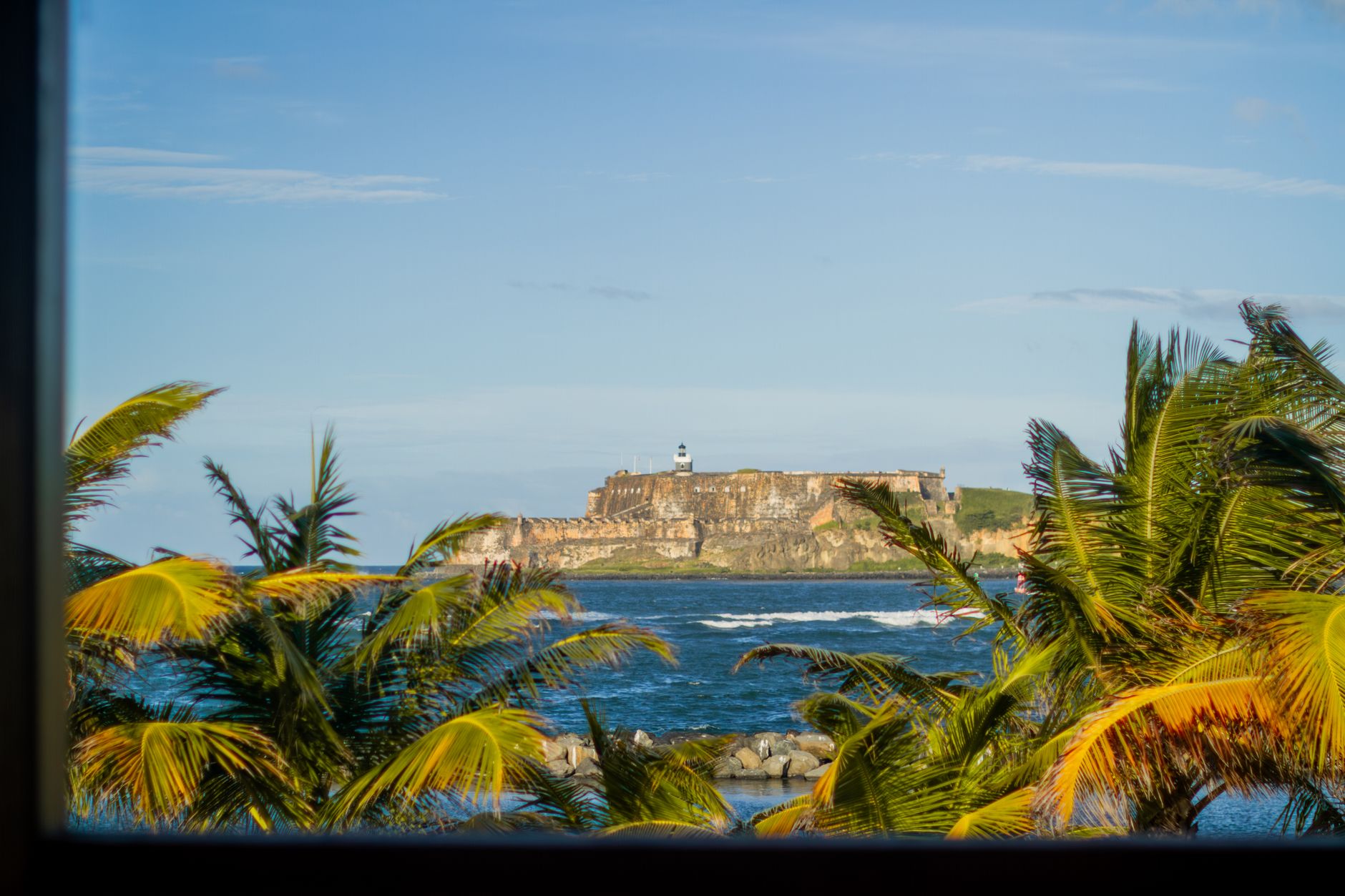 Scenic view of El Morro fortress through palm trees on a sunny day in Puerto Rico.