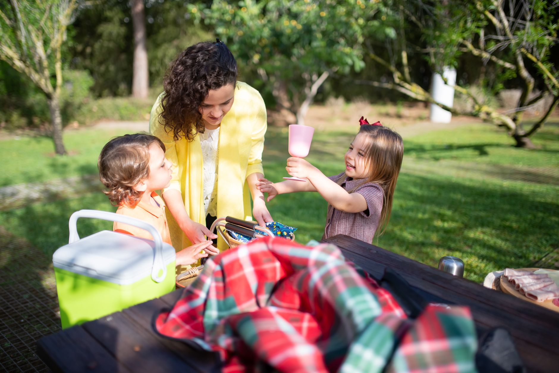 Happy family having a picnic in a sunny park, enjoying quality time together.