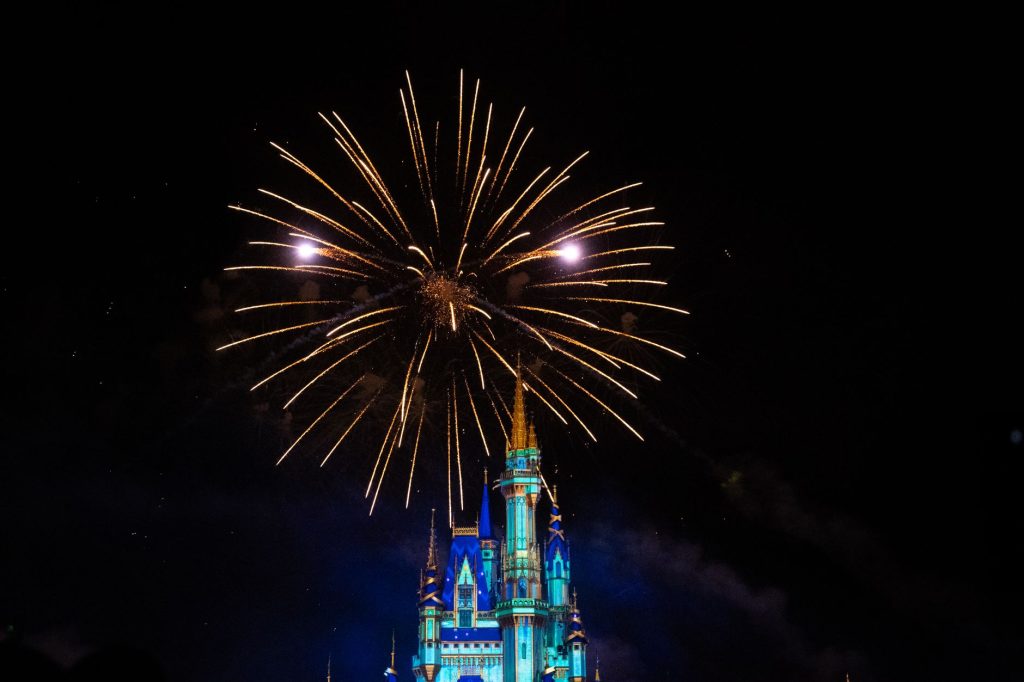 Stunning fireworks display over an illuminated castle at night, showcasing celebration and magic.