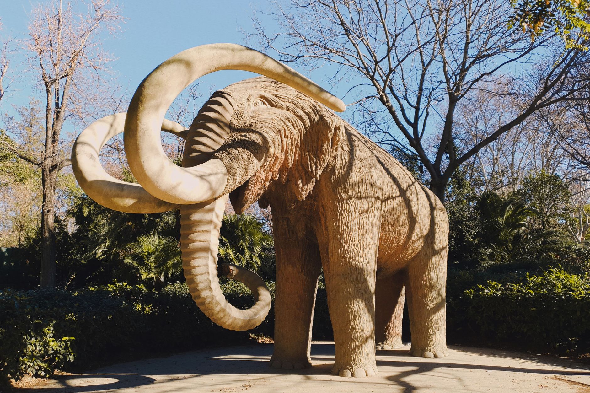 A large mammoth sculpture captured in a sunlit park setting with trees.