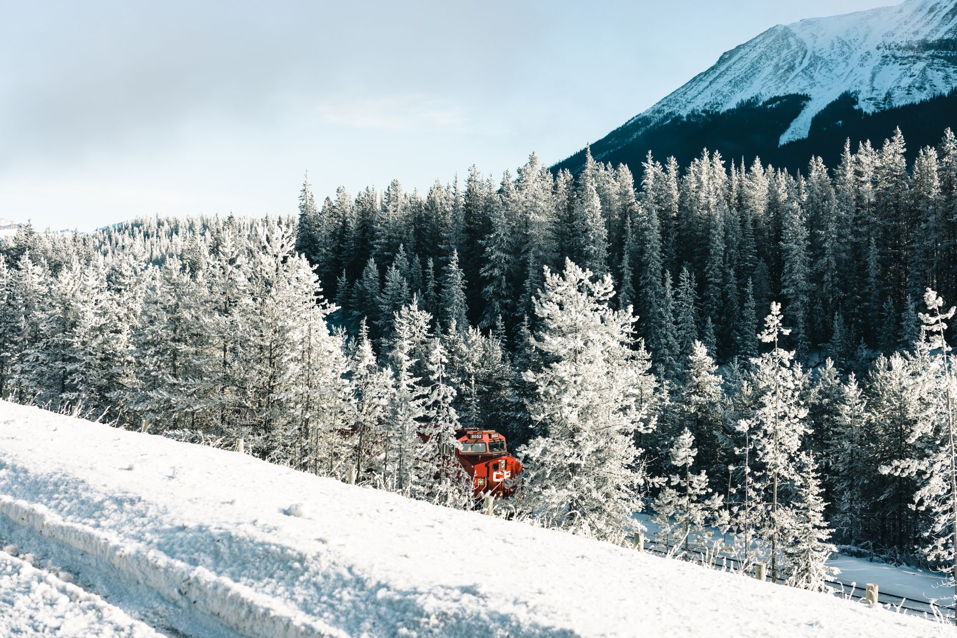 Snow-covered forest and mountains with a red train in Banff, Canada, capturing winter's beauty.