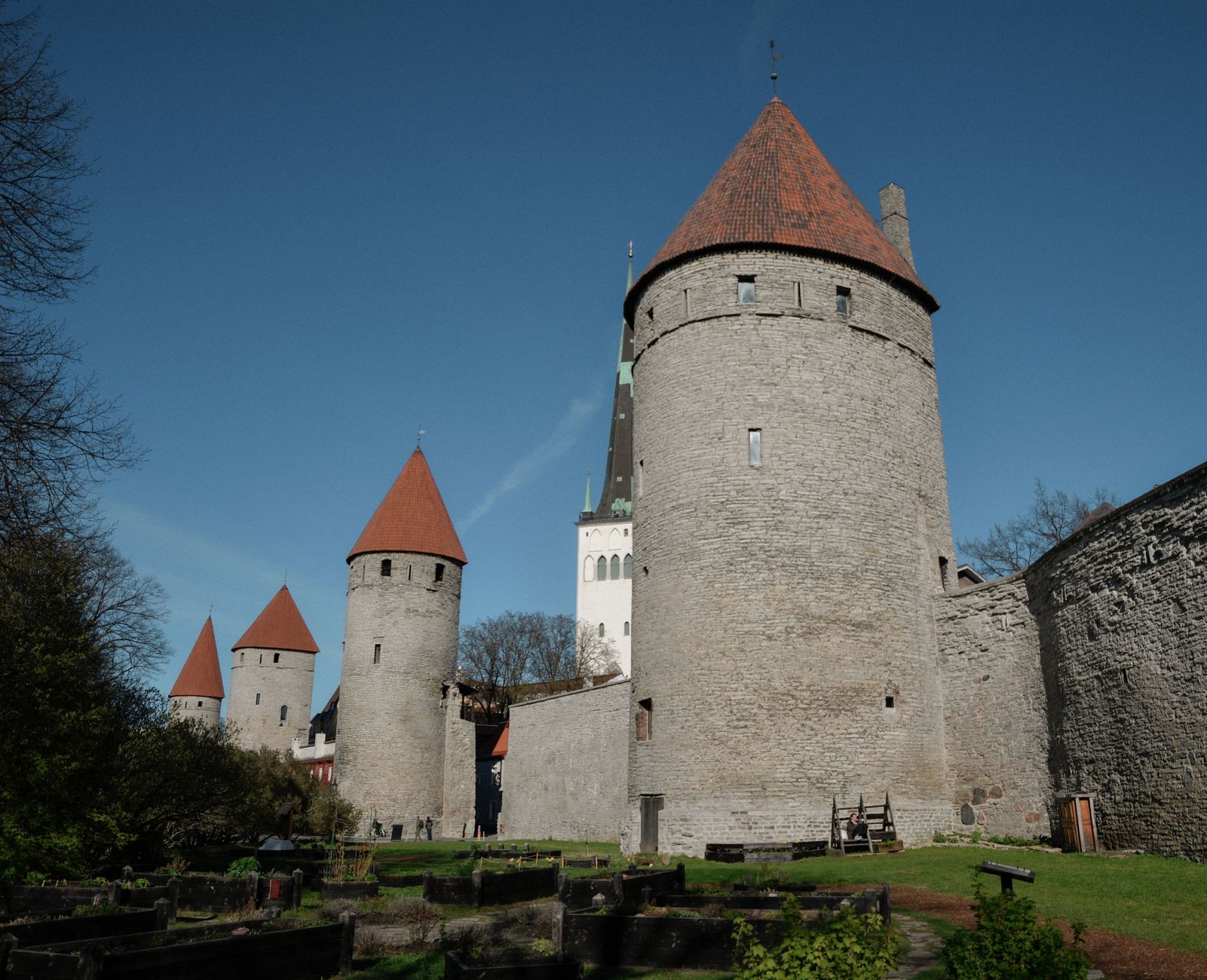 Explore the historic stone towers and red roofs of Tallinn's medieval city wall on a bright spring day.