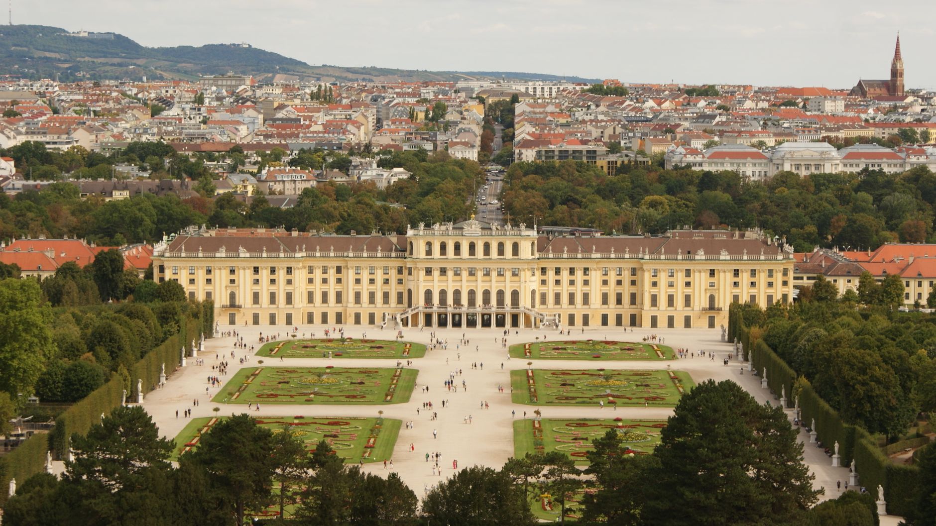 Stunning aerial view of Schönbrunn Palace and gardens in Vienna, Austria.